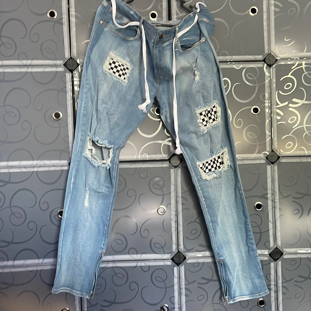 Lakenzie Men Jeans With Black & White Checkered Patches on Front XL